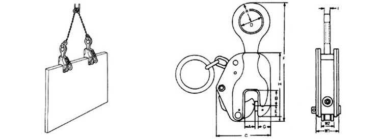 E型豎吊鋼板鉗結(jié)構(gòu)尺寸圖